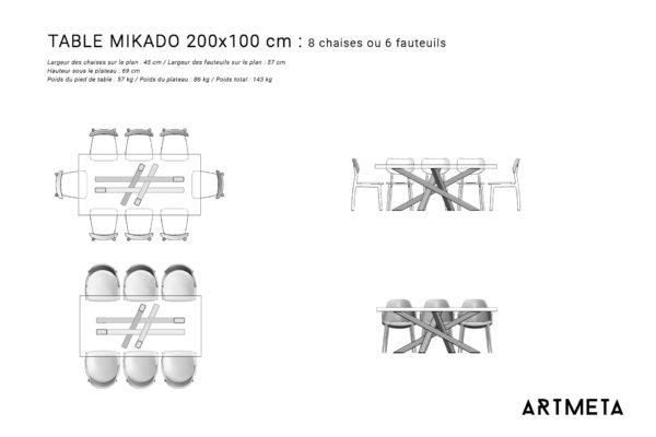 Guide des dimensions pour table 8 personnes / Table Mikado ARTMETA