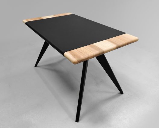 Bureau Cuir ARTMETA / 130 x 75 x H 75 cm / Frêne olivier Français piétement noir charbon et set en cuir véritable