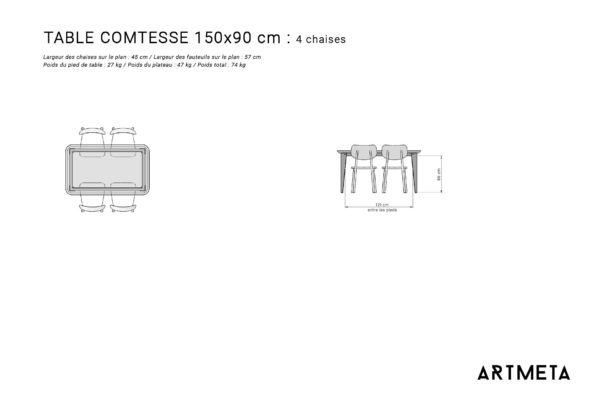 Guide des dimensions pour table 4 personnes / Table bois Comtesse / Fabrication artisanale Française ARTMETA