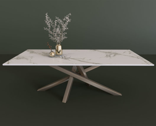 Table Mikado céramique / Dimensions : 220 x 100 x H 75 cm / Plateau en Dekton Aura épaisseur 20 mm et pied en acier couleur Champagne / Fabrication artisanale et sur mesure ARTMETA