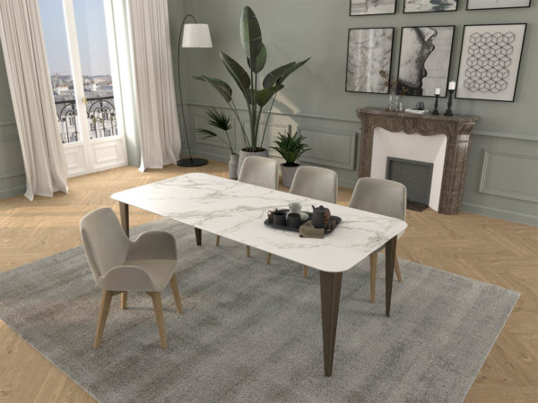 Table en céramique Dekton Comtesse / Dimensions : 220x100xH75 cm / Dekton Aura 12 mm et pieds en acier bronze / Fabrication artisanale française sur mesure ARTMETA