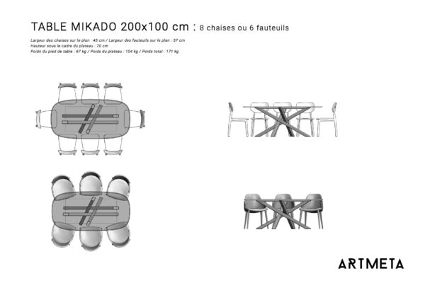 Guide des dimensions pour table 6 à 8 personnes / Table Mikado en céramique ARTMETA / Forme superellipse