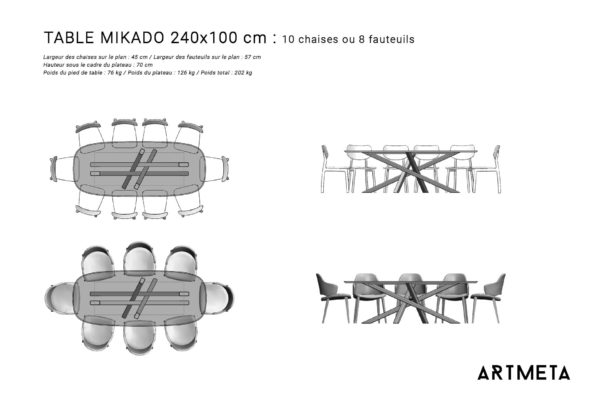 Guide des dimensions pour table 8 à 10 personnes / Table Mikado en céramique ARTMETA / Forme superellipse