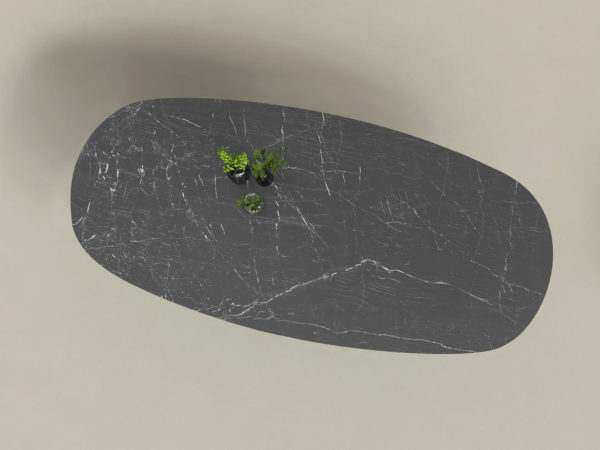 Table en céramique modèle Orion / Dimensions : 280 x 120 x H 75 cm / Dekton Somnia épaisseur 20 mm avec bord biseauté et arête adoucie / Thermolaquage Noir charbon / Fabrication sur mesure