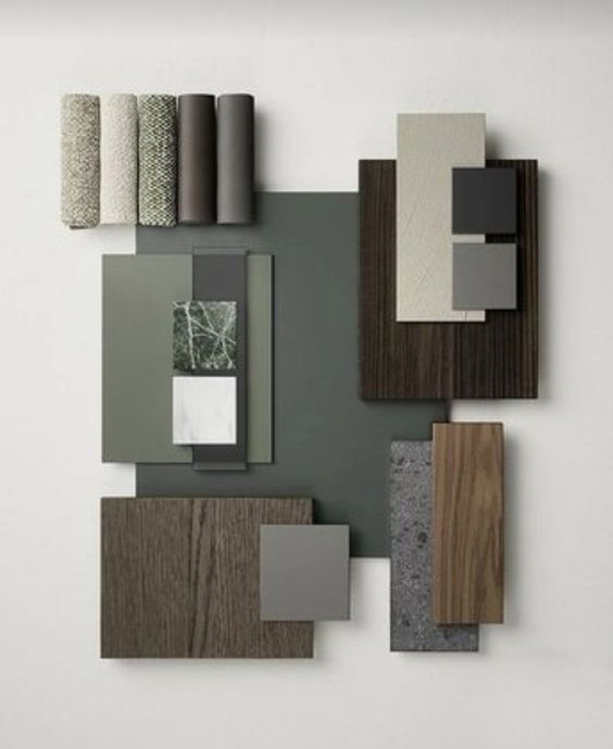 moodboard : bois foncé nuances de verts 