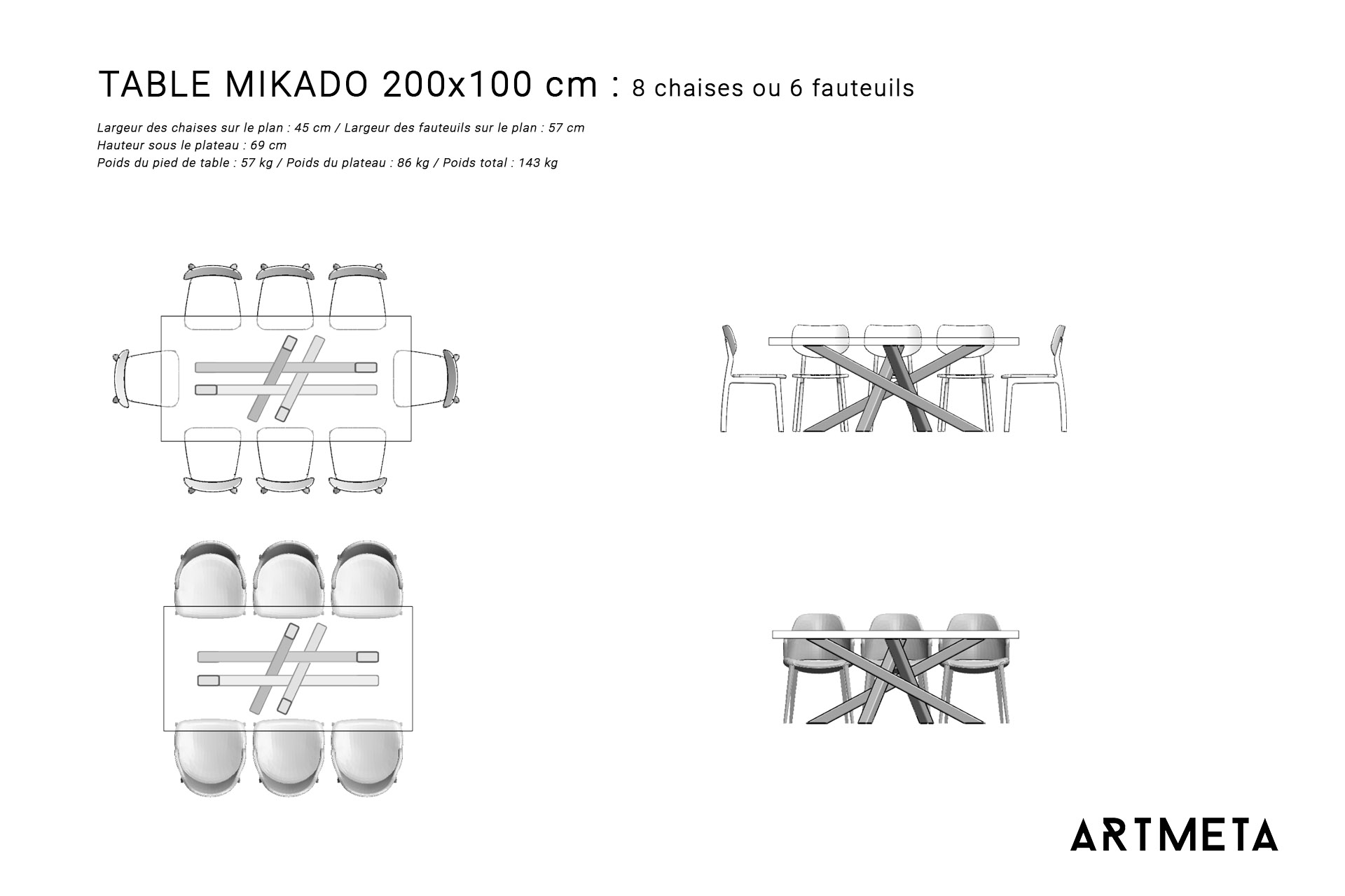 Guide des dimensions / Table à manger pour 8 personnes / Table Mikado ARTMETA