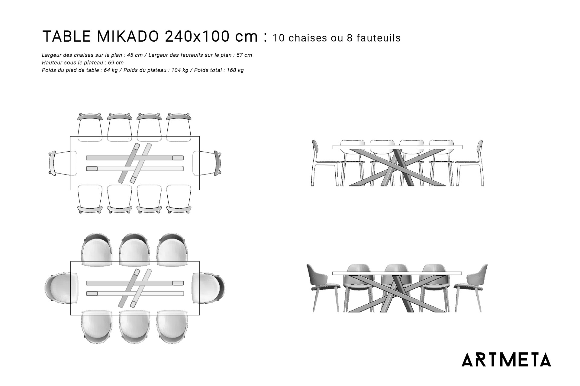 Guide des dimensions / Table à manger pour 8 à 10 personnes / Table Mikado ARTMETA