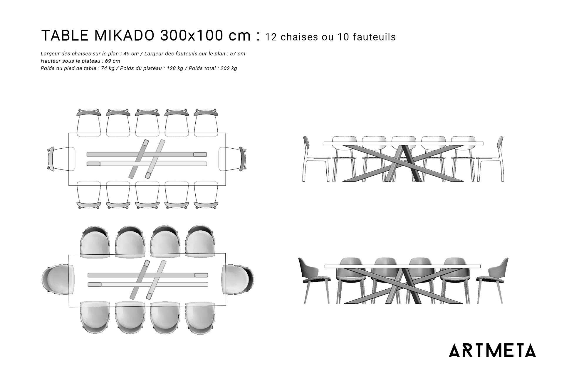 Guide des dimensions / Table à manger pour 10 à 12 personnes / Table Mikado ARTMETA