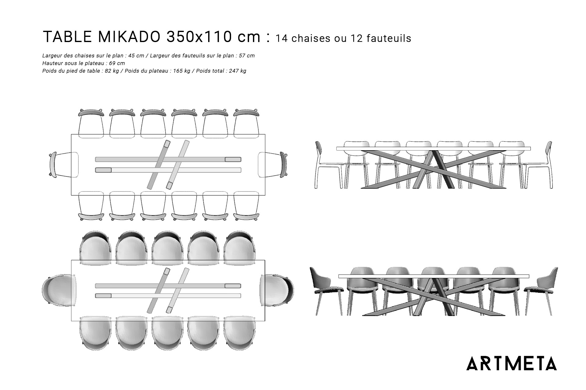 Guide des dimensions / Table à manger pour 12 à 14 personnes / Table Mikado ARTMETA