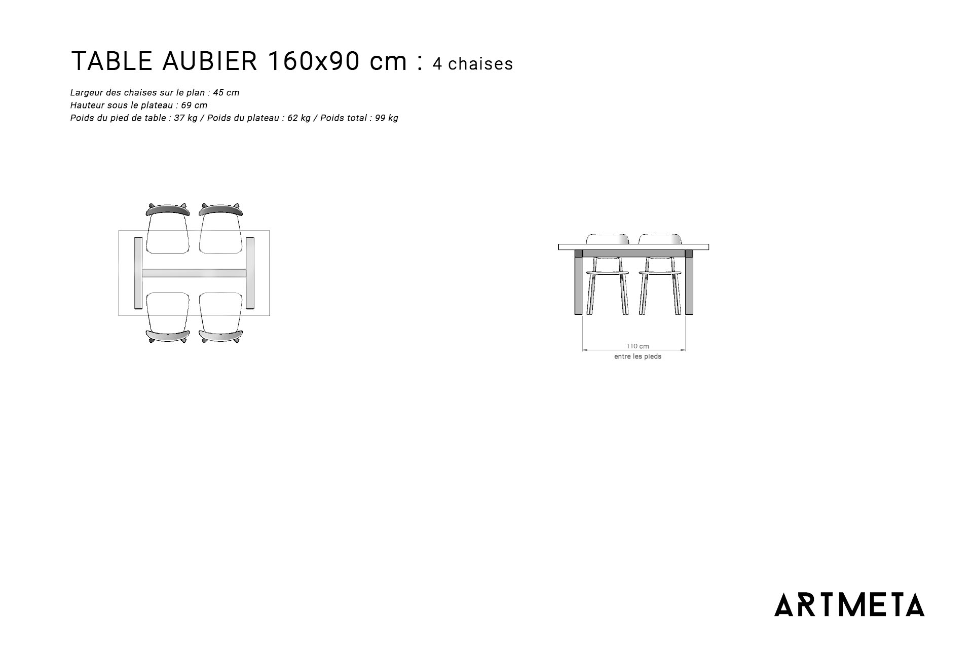 Guide des dimensions / Table à manger pour 4 personnes / Table Aubier ARTMETA