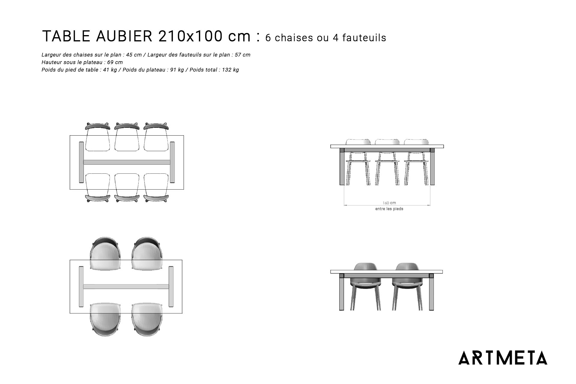 Guide des dimensions / Table à manger pour 6 personnes / Table Aubier ARTMETA