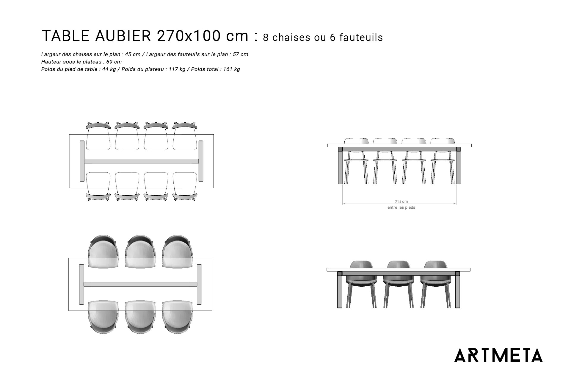 Guide des dimensions / Table à manger pour 6 à 8 personnes / Table Aubier ARTMETA