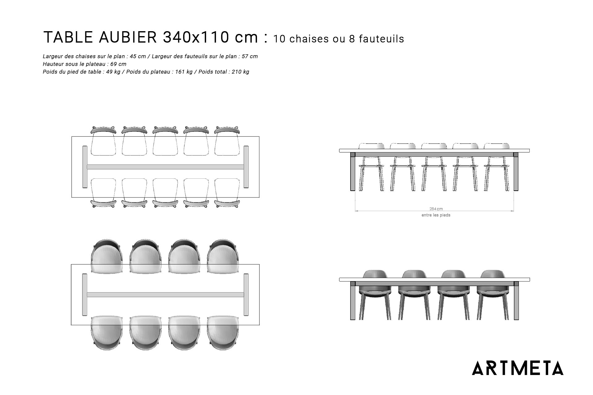 Guide des dimensions / Table à manger pour 8 à 10 personnes / Table Aubier ARTMETA