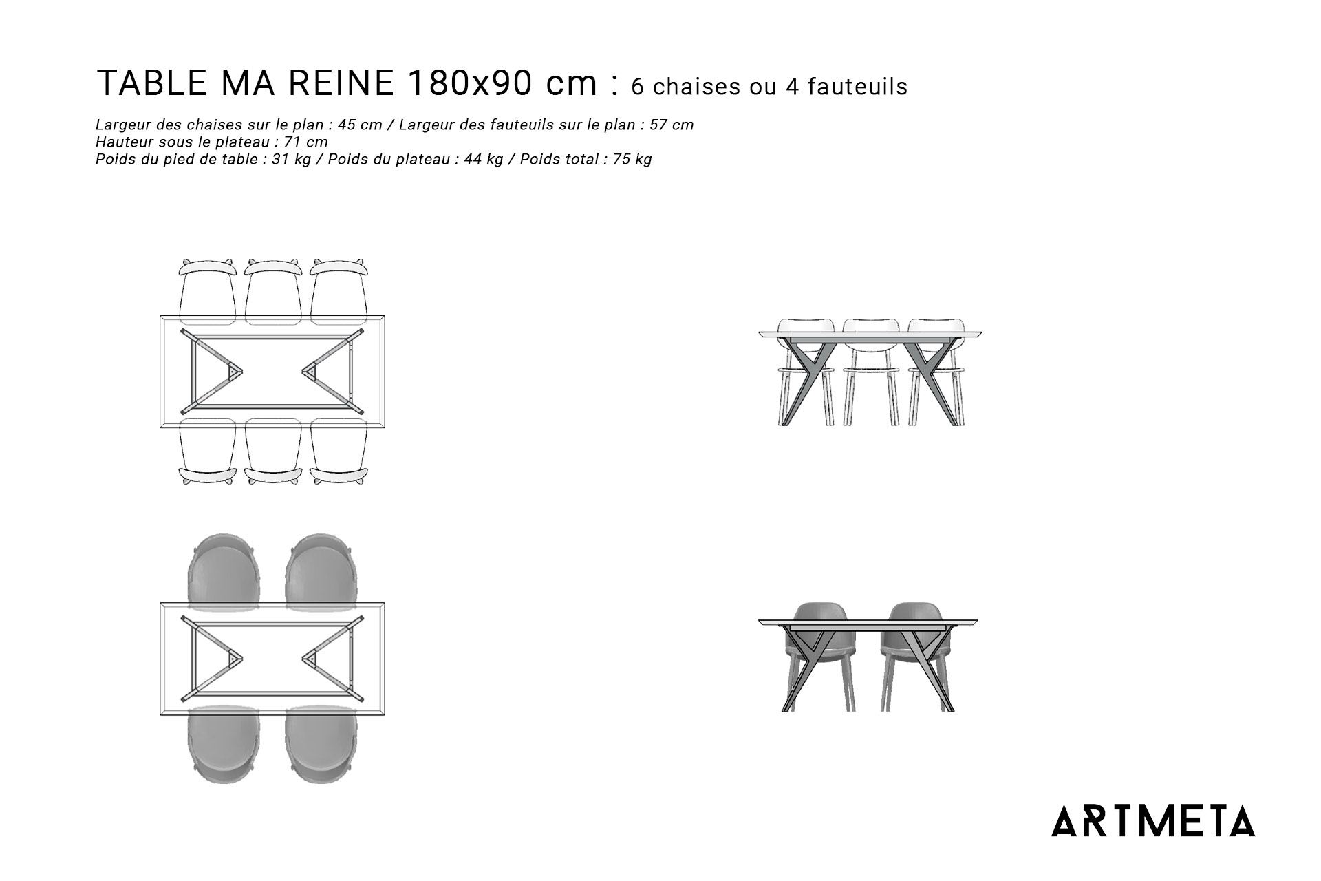 Guide des dimensions / Table à manger pour 4 à 6 personnes / Table Ma reine ARTMETA