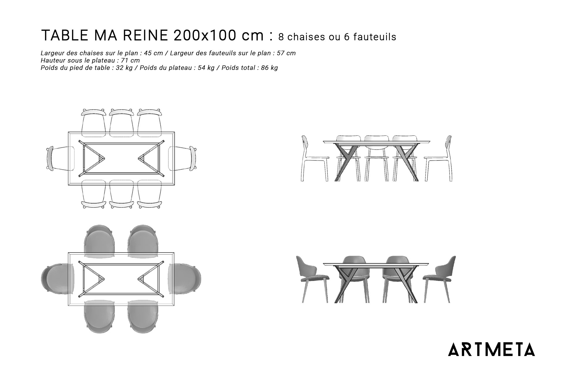 Guide des dimensions / Table à manger pour 6 à 8 personnes / Table Ma reine ARTMETA