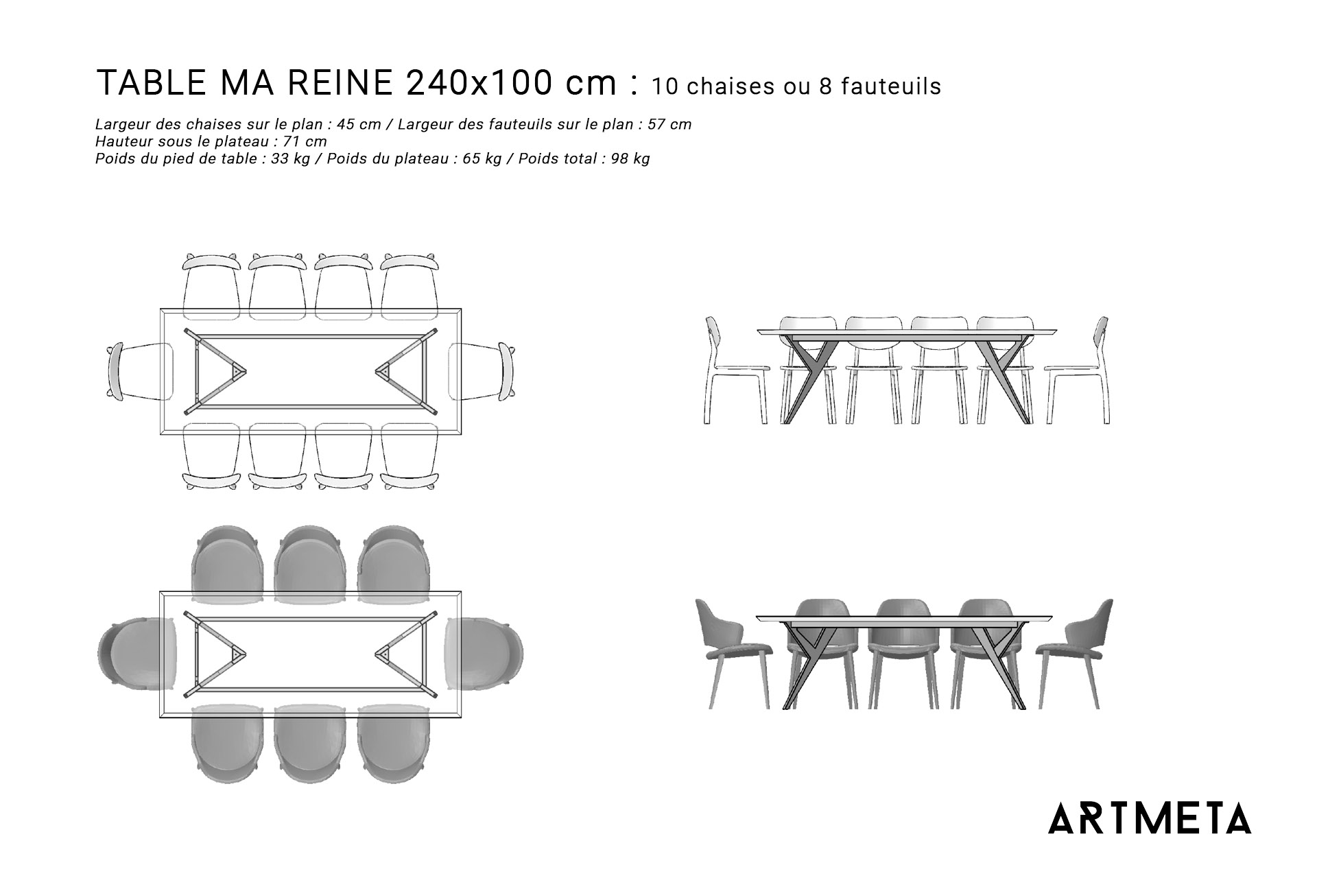 Guide des dimensions / Table à manger pour 8 à 10 personnes / Table Ma reine ARTMETA