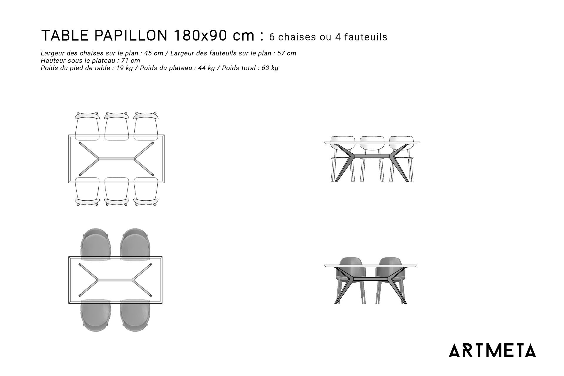 Guide des dimensions / Table à manger pour 4 à 6 personnes / Table Papillon ARTMETA