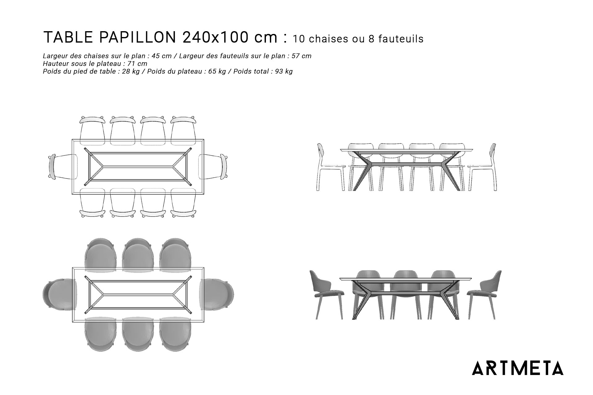 Guide des dimensions / Table à manger pour 8 à 10 personnes / Table Papillon ARTMETA