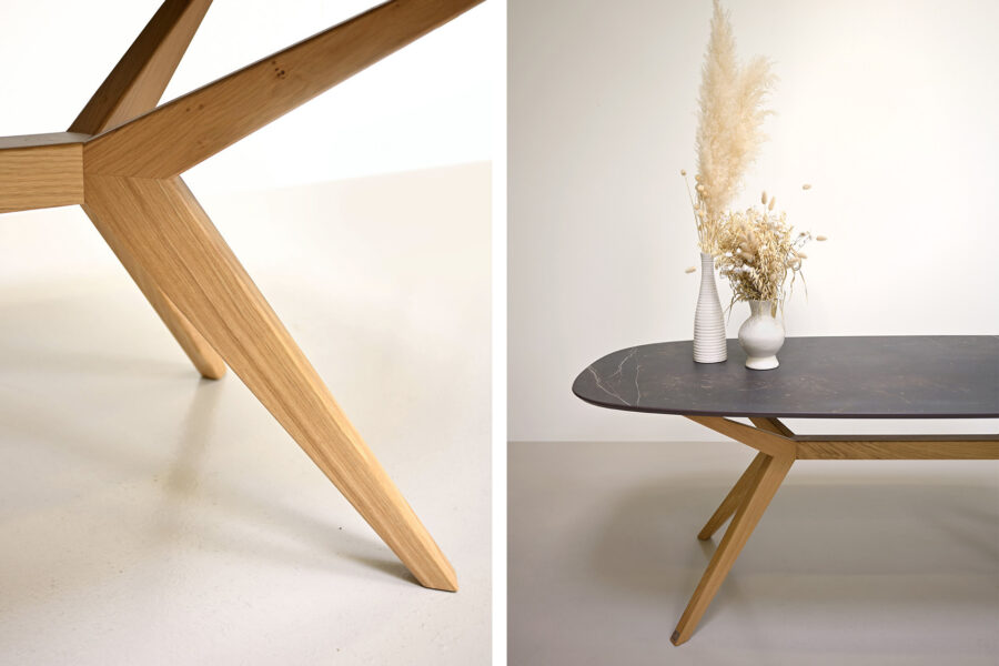 Table en céramique DEKTON Kelya avec pieds en bois modèle Papillon