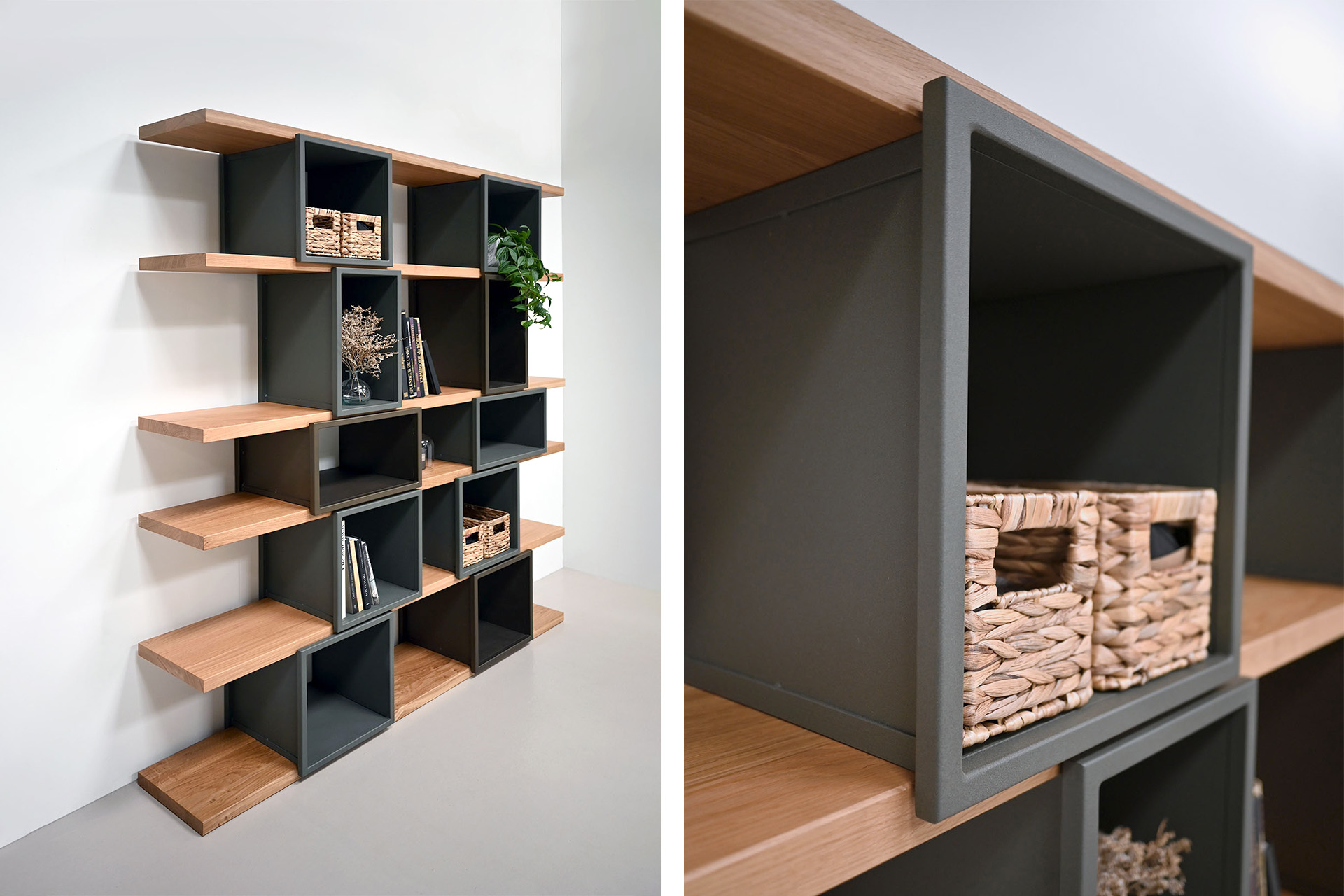 Bibliothèque haute étagères en bois massif avec cubes en acier - fabrication française haut de gamme