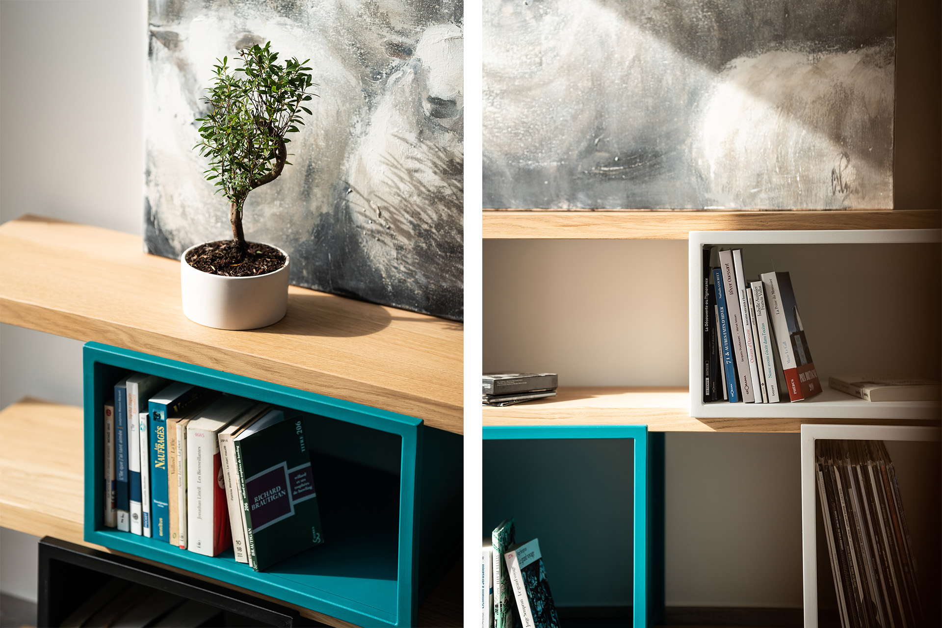 Bibliothèques basse avec planches en bois massif avec cubes en acier - fabrication française