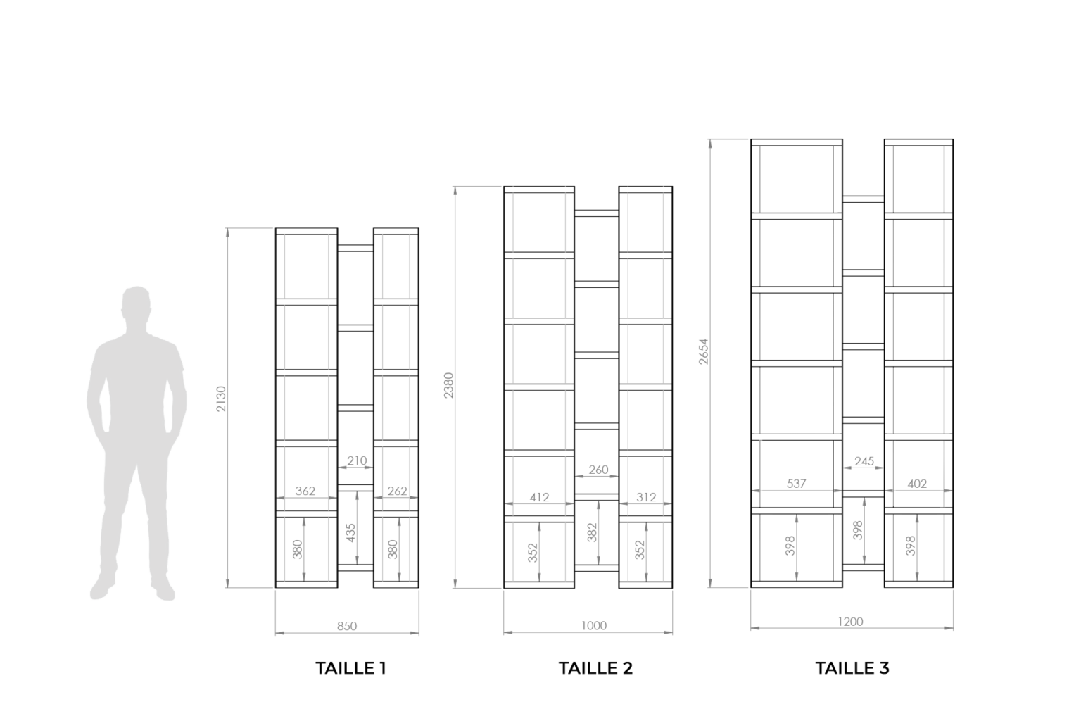 Comparatif tailles bibliothèque acier bois