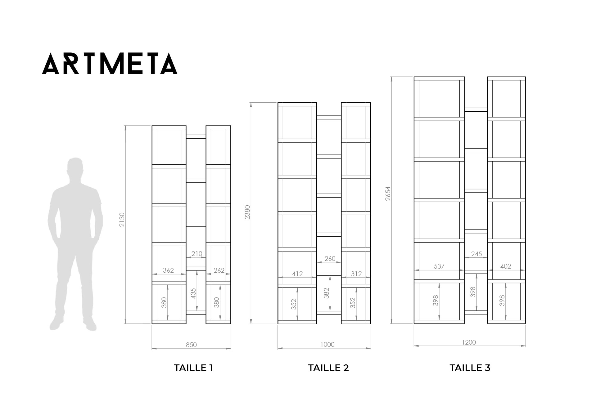 Comparatif tailles bibliothèque acier bois