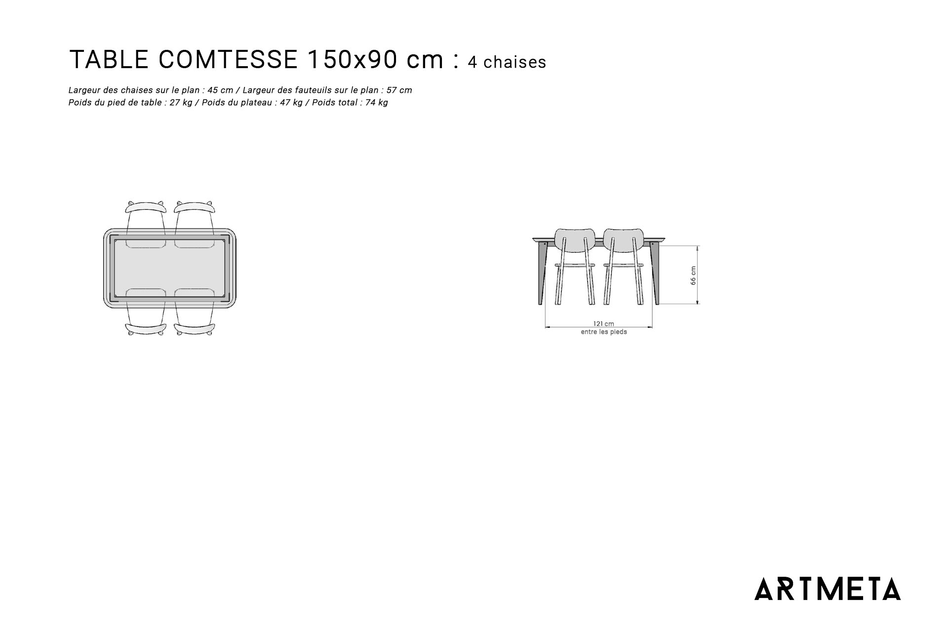 Guide des dimensions / Table à manger pour 4 personnes / Table en métal et bois modèle Comtesse / Fabrication française ARTMETA