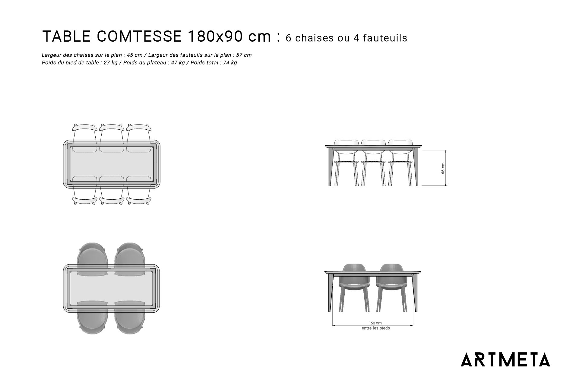 Guide des dimensions / Table à manger pour 6 personnes / Table en métal et bois modèle Comtesse / Fabrication française ARTMETA