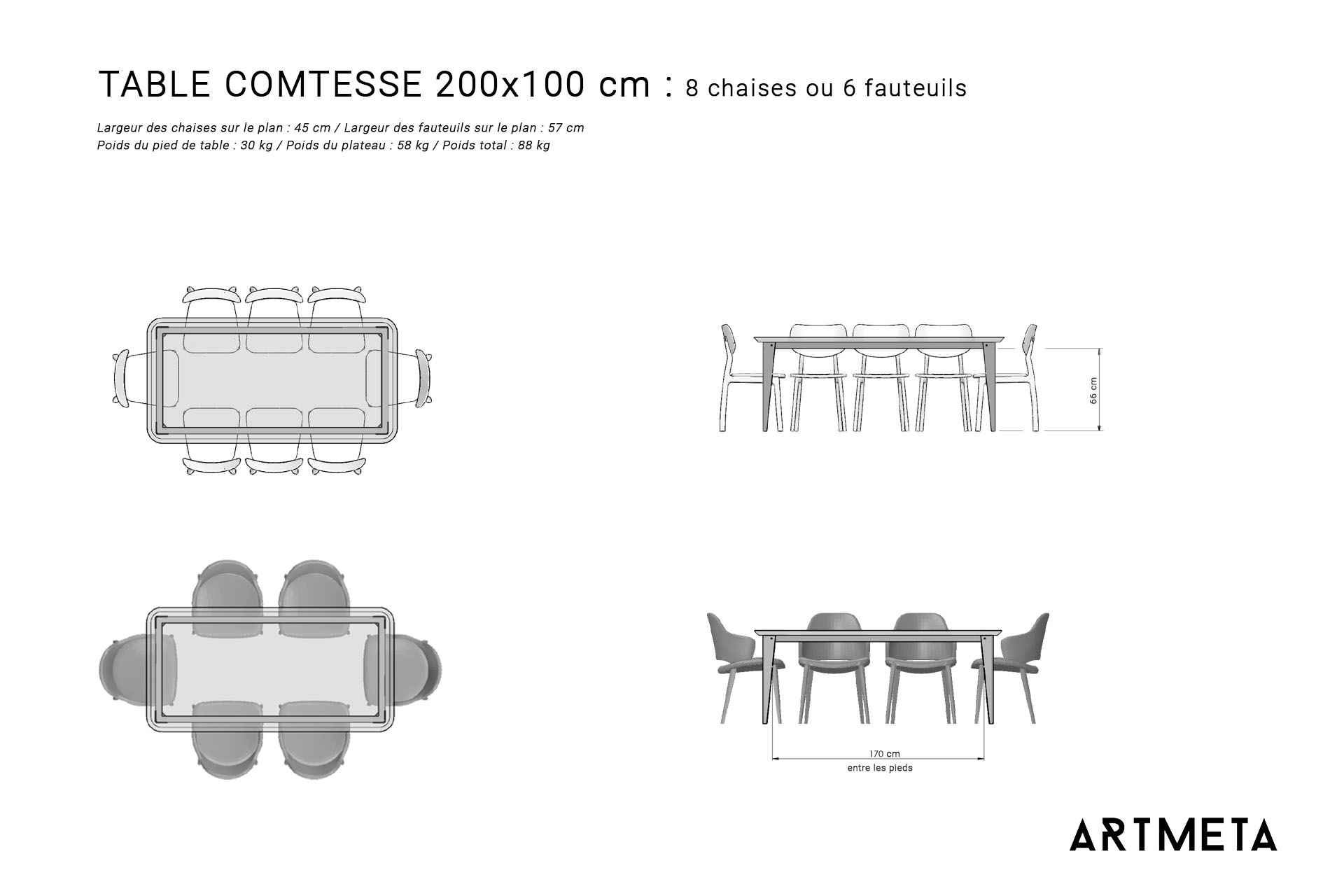 Guide des dimensions / Table à manger pour 6 à 8 personnes / Table en métal et bois modèle Comtesse / Fabrication française ARTMETA