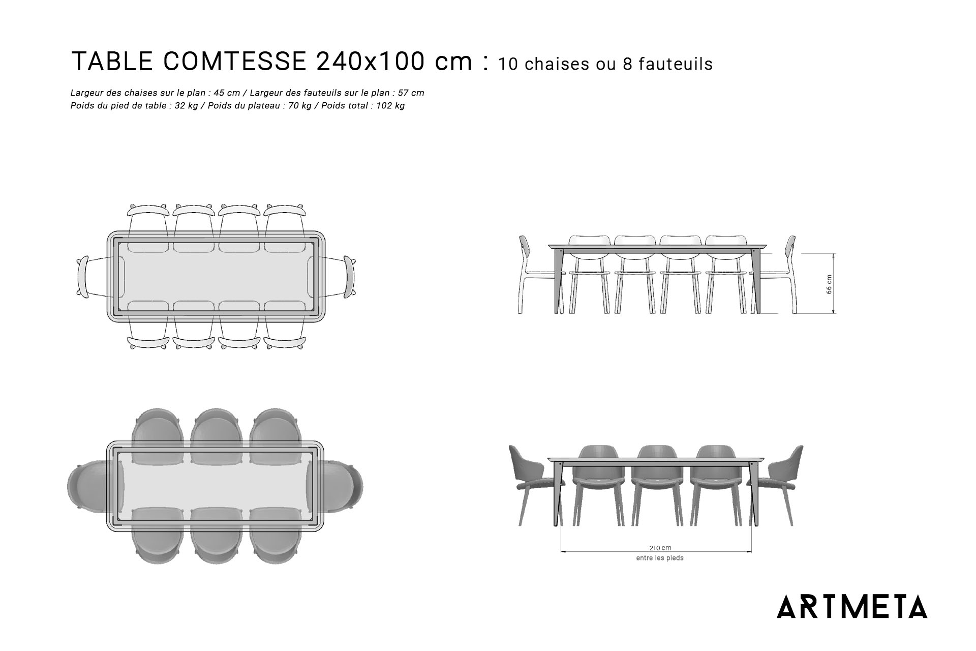 Guide des dimensions / Table à manger pour 8 à 10 personnes / Table en métal et bois modèle Comtesse / Fabrication française ARTMETA