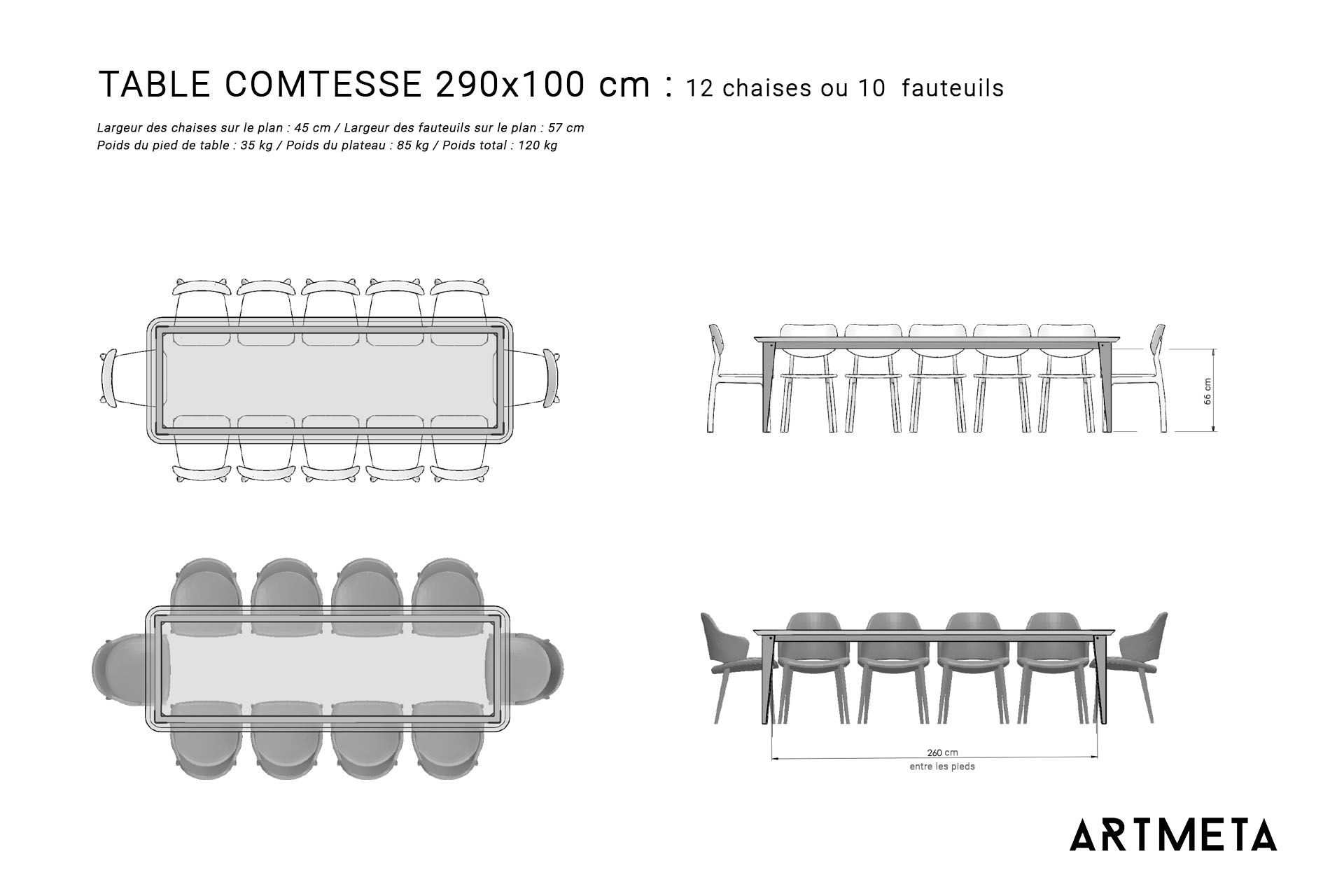 Guide des dimensions / Table à manger pour 10 à 12 personnes / Table en métal et bois modèle Comtesse / Fabrication française ARTMETA