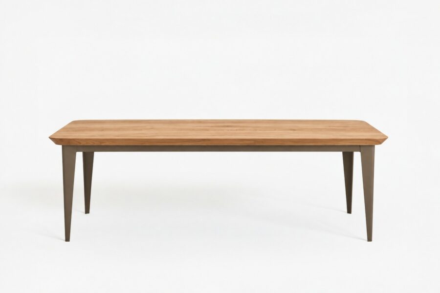 Table avec plateau en bois massif et pieds fins en acier