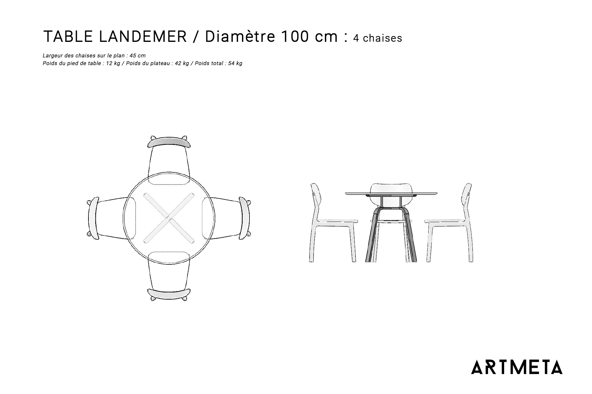 Table ronde en céramique DEKTON aura diamètre 100 cm pour 4 personnes