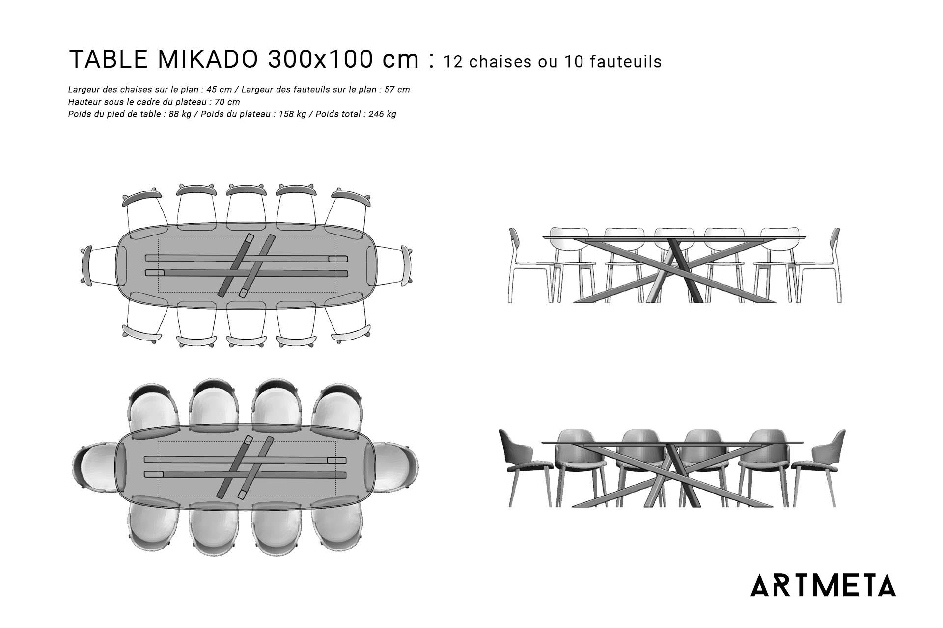 Table ceramique Mikado 300x100 plans avec chaises et fauteuils