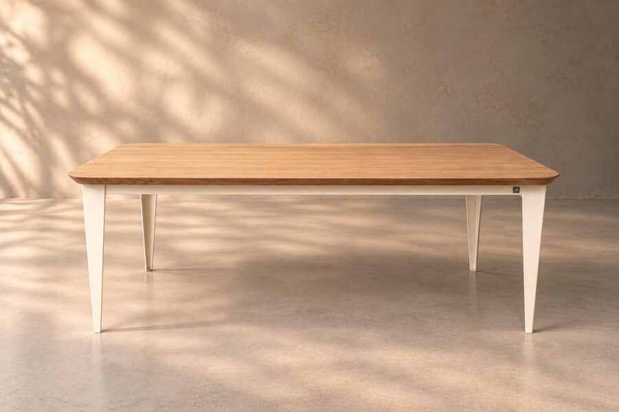 Table comtesse plaquage bois chêne pieds acier ivoire