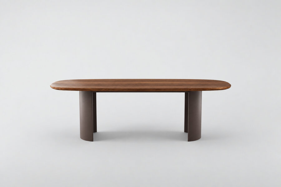 Table Lune noyer massif et pieds en acier